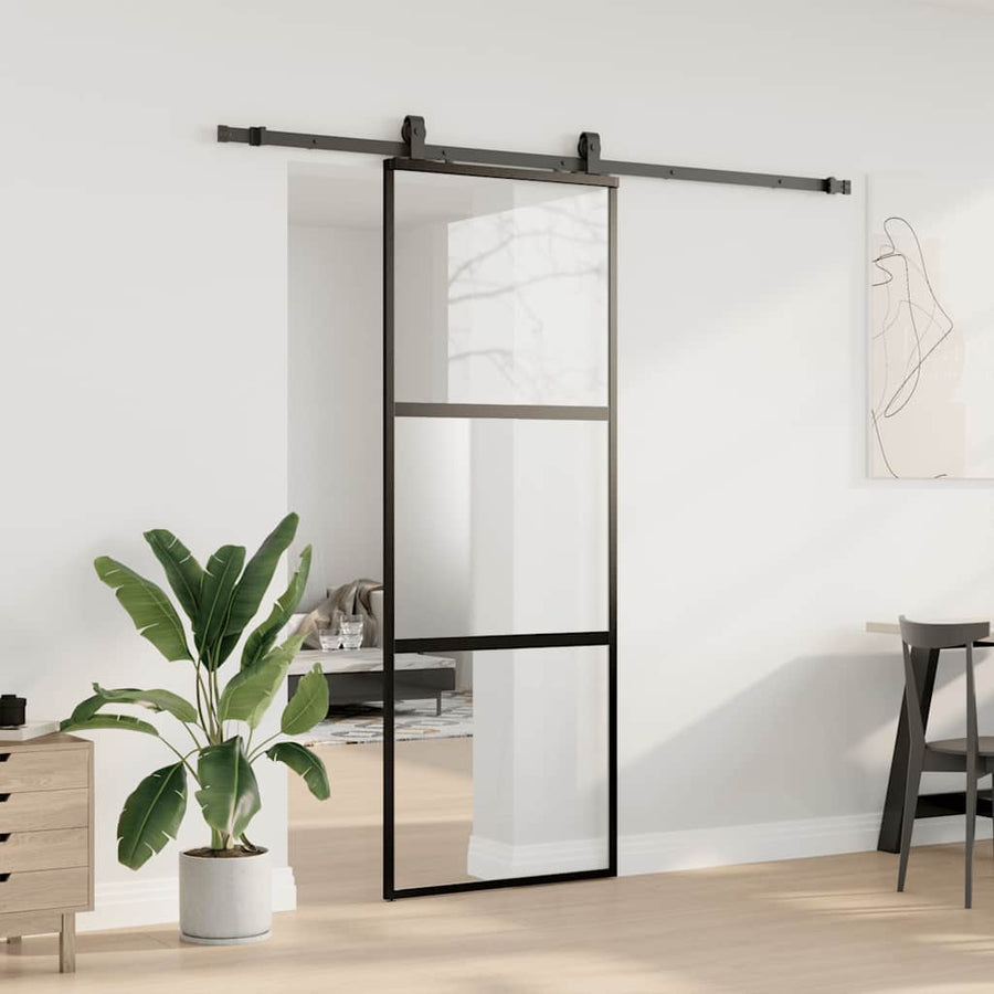 Schuifdeur met beslagset 76x205 cm gehard glas zwart