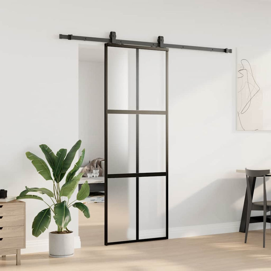 Schuifdeur met beslagset 76x205 cm gehard glas zwart