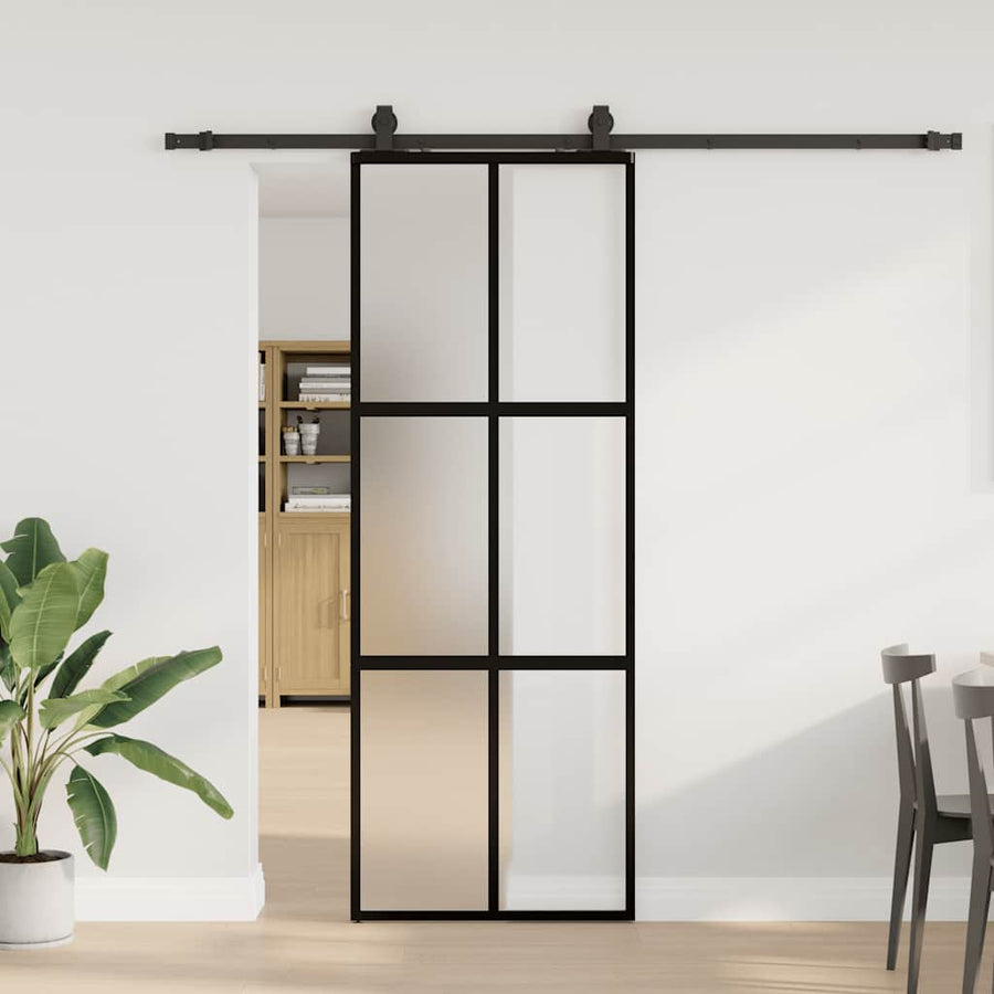 Schuifdeur met beslagset 76x205 cm gehard glas zwart