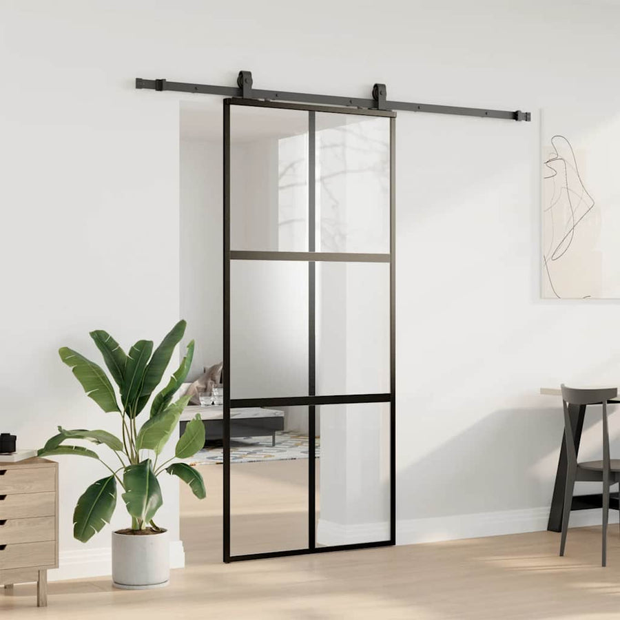 Schuifdeur met beslagset 90x205 cm gehard glas zwart