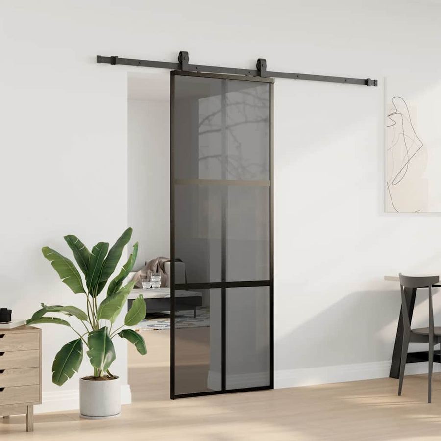 Schuifdeur met beslagset 76x205 cm gehard glas zwart