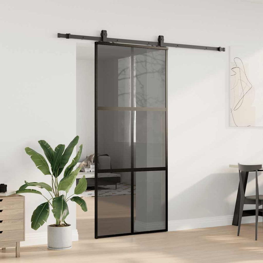 Schuifdeur met beslagset 90x205 cm gehard glas zwart