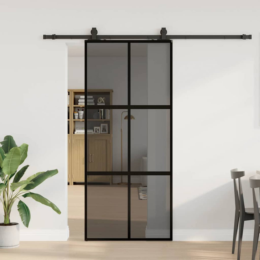 Schuifdeur met beslagset 90x205 cm gehard glas zwart