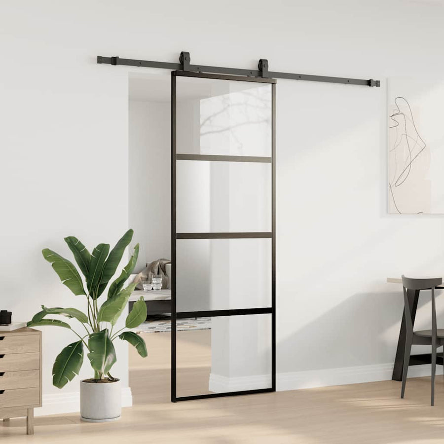 Schuifdeur met beslagset 76x205 cm gehard glas zwart