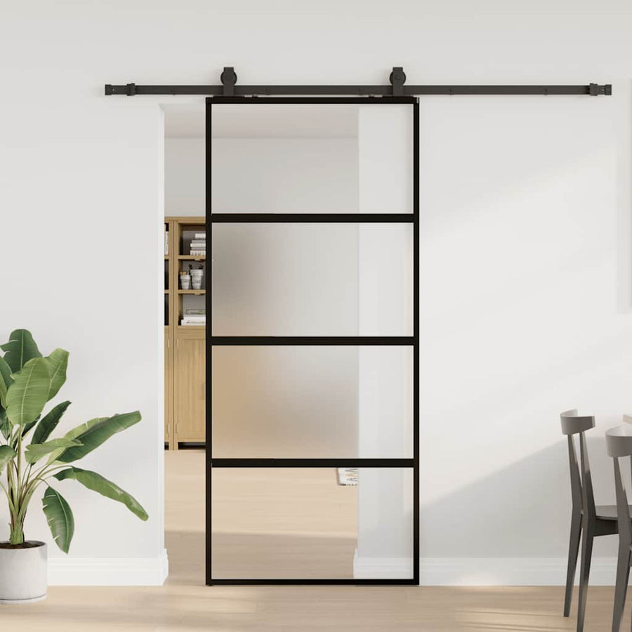 Schuifdeur met beslagset 90x205 cm gehard glas zwart