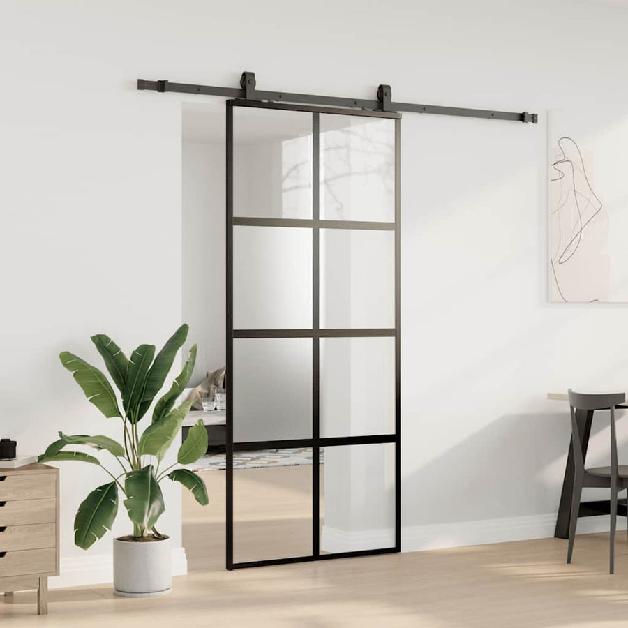 Schuifdeur met beslagset 90x205 cm gehard glas zwart