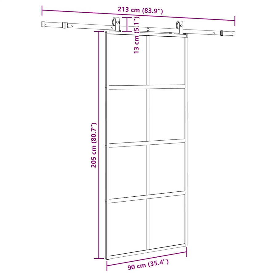 Schuifdeur met beslagset 90x205 cm gehard glas zwart