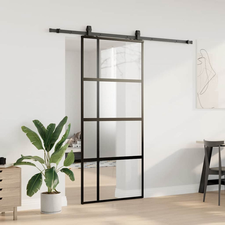 Schuifdeur met beslagset 90x205 cm gehard glas zwart