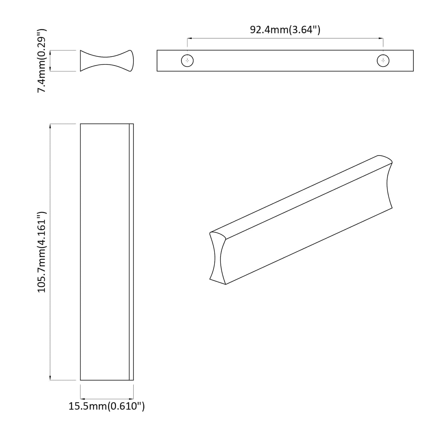 Handvat Effen 2 pcs Zilver 105.7 x 7.4 x 15.5 mm Aluminium