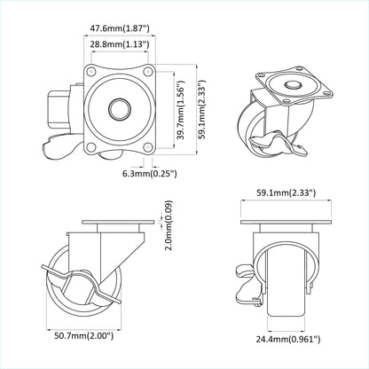Caster 2 pcs Zwart en zilver 63 x 48 x 46 mm IJs en nylon