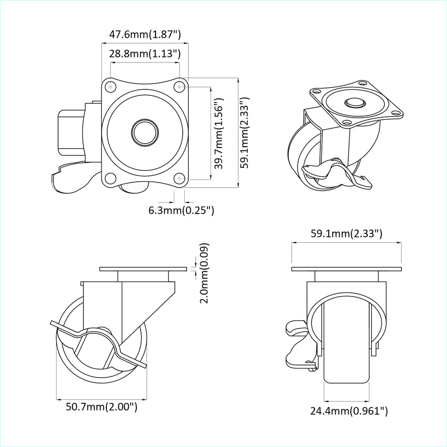 Caster 2 pcs Zwart en zilver 63 x 48 x 46 mm IJs en nylon