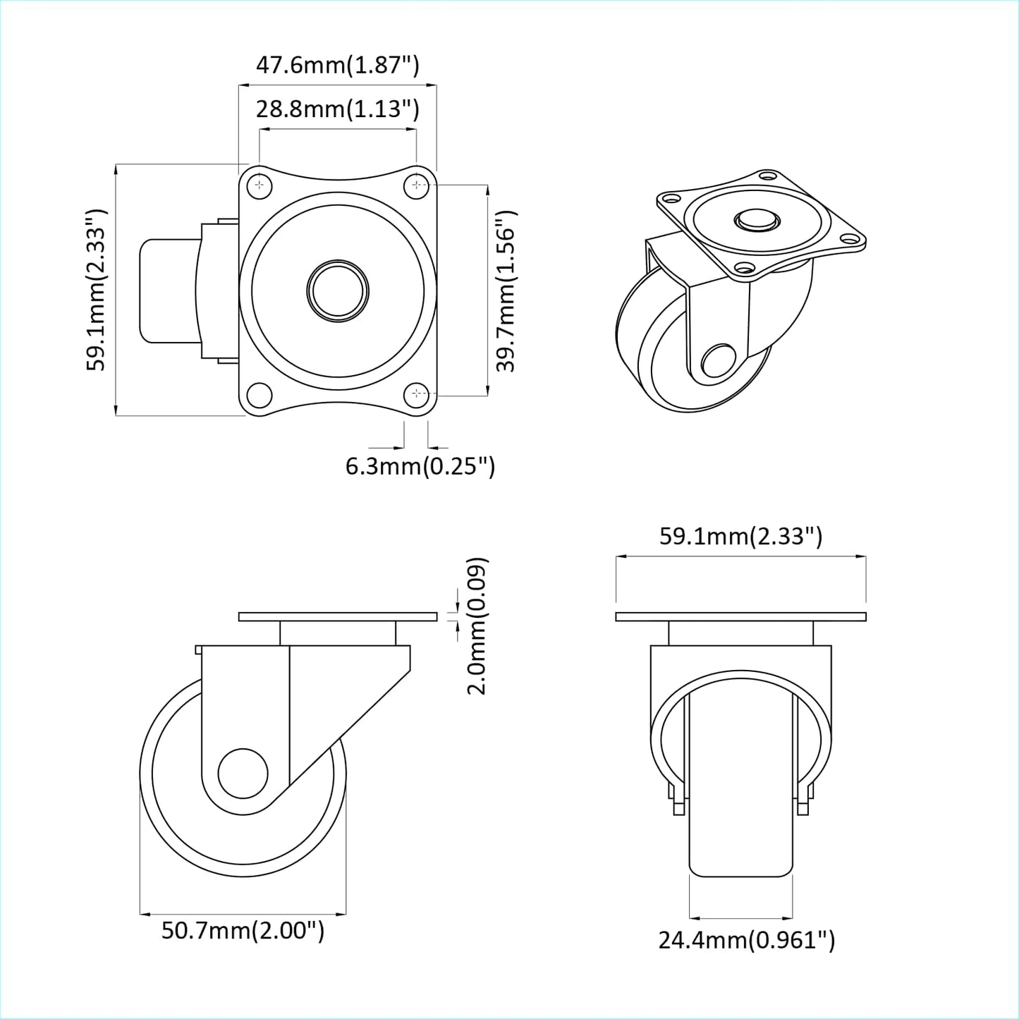 Zwenkwiel 2 pcs Zilver 60 x 60 x 50 mm IJs en nylon