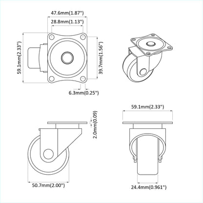Zwenkwiel 2 pcs Zilver 60 x 60 x 50 mm IJs en nylon