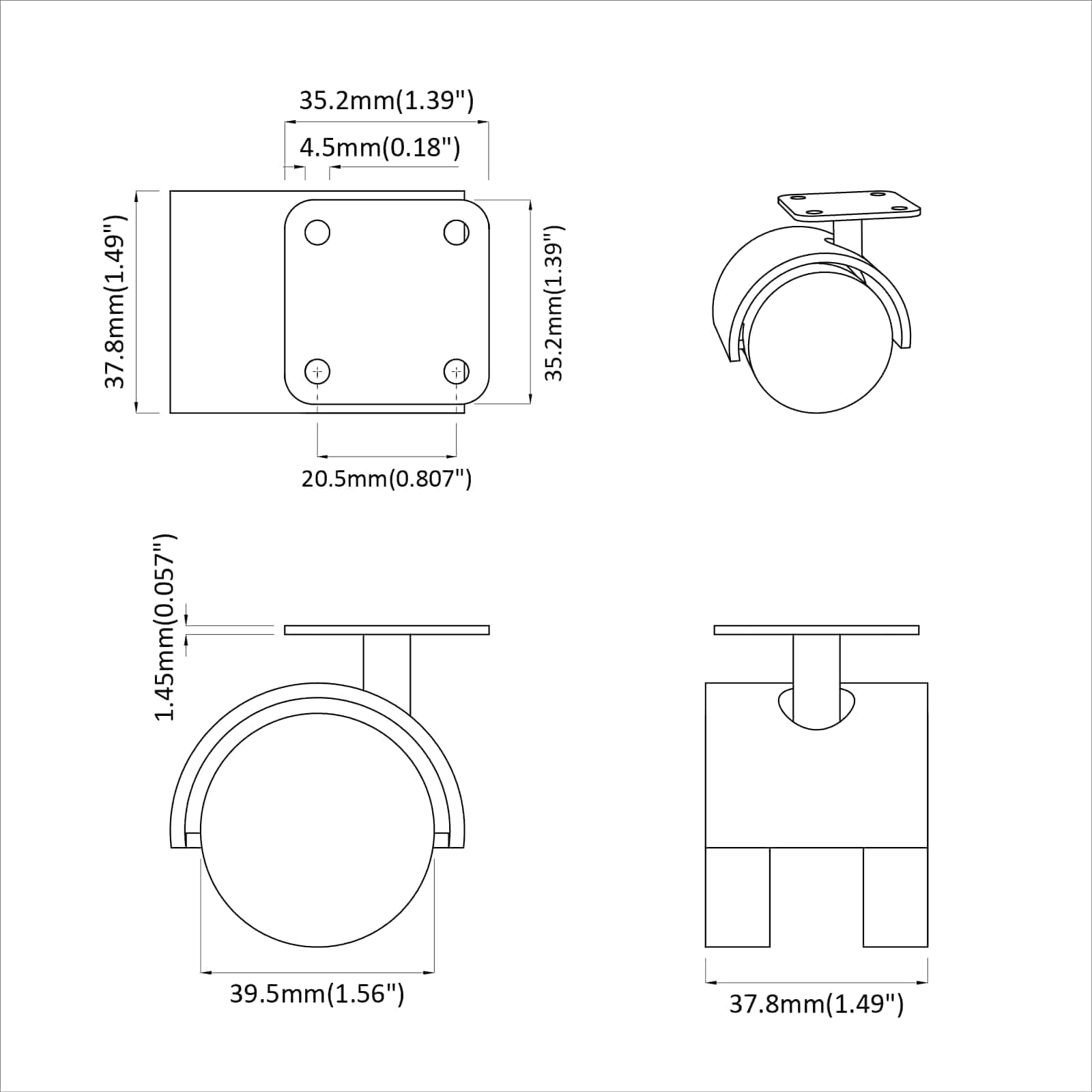 Zwenkwiel 2 pcs Zwart 54 mm Ijzer en PP