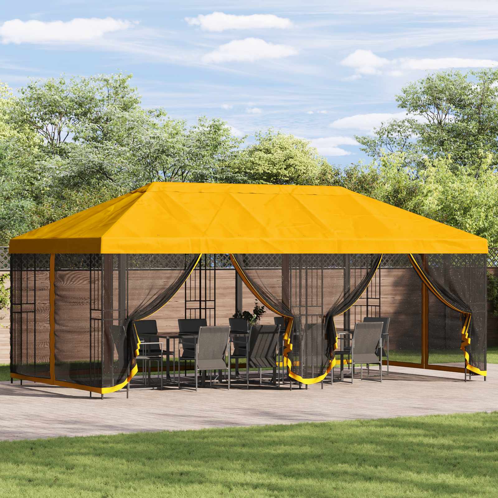 Paviljoen met zijwanden 6 x 3 m Geel Polyester en staal 190