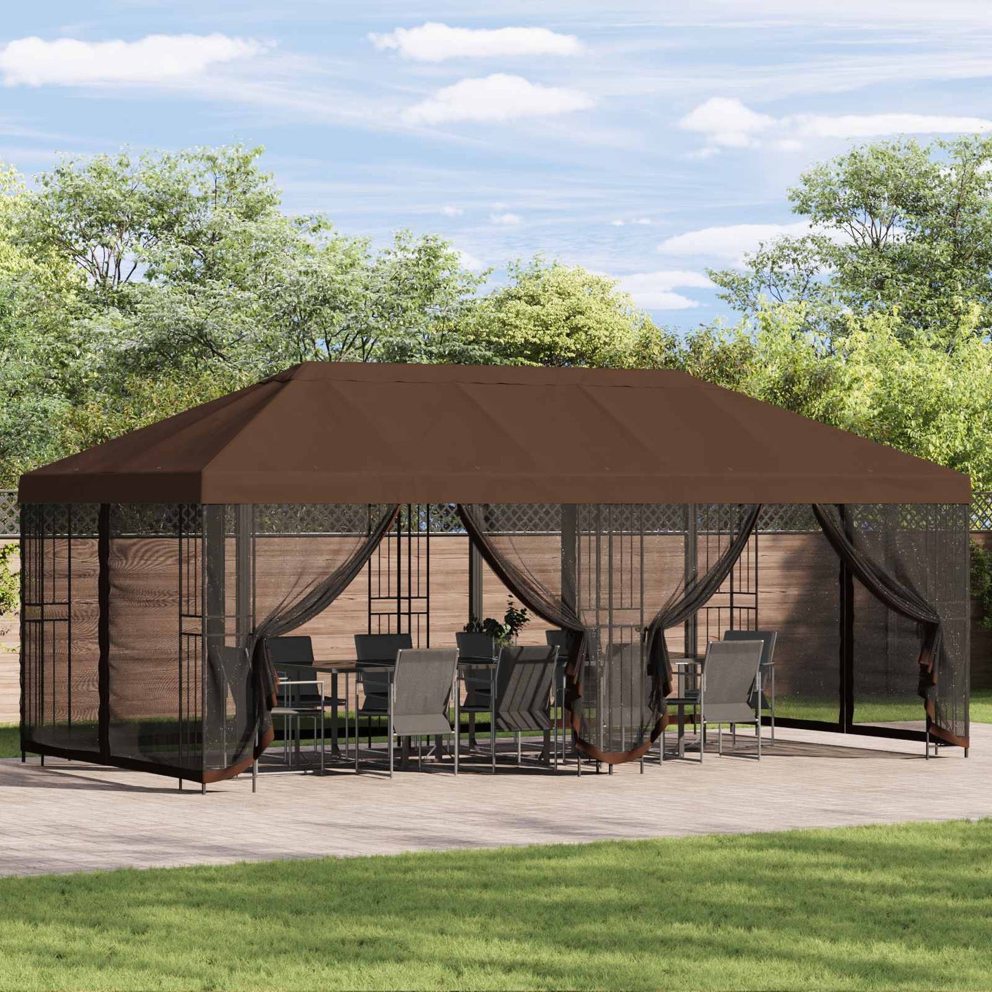 Paviljoen met zijwanden 6 x 3 m Bruin Polyester en staal 190