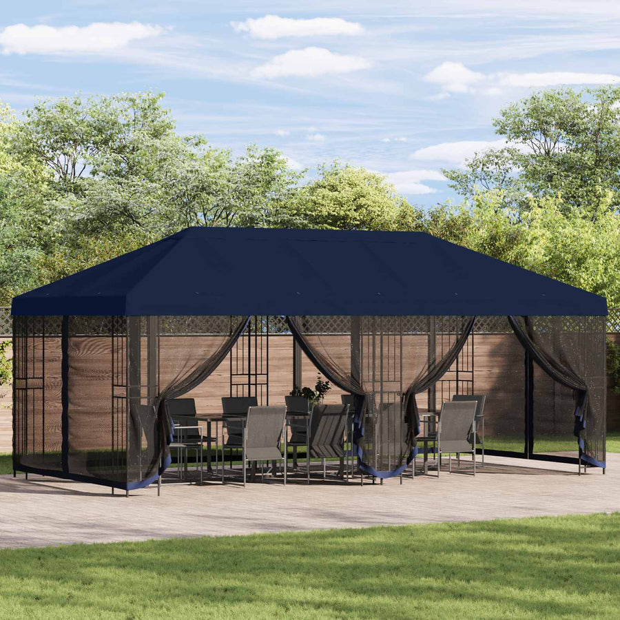 Paviljoen met zijwanden 6 x 3 m Blauw Polyester en staal 190