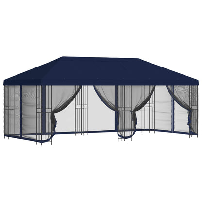 Paviljoen met zijwanden 6 x 3 m Blauw Polyester en staal 190