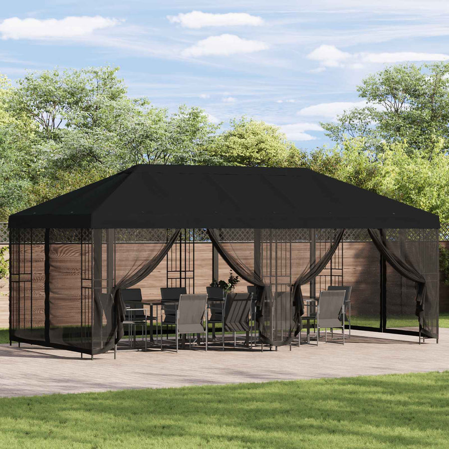 Paviljoen met zijwanden 6 x 3 m Zwart Polyester en staal 190