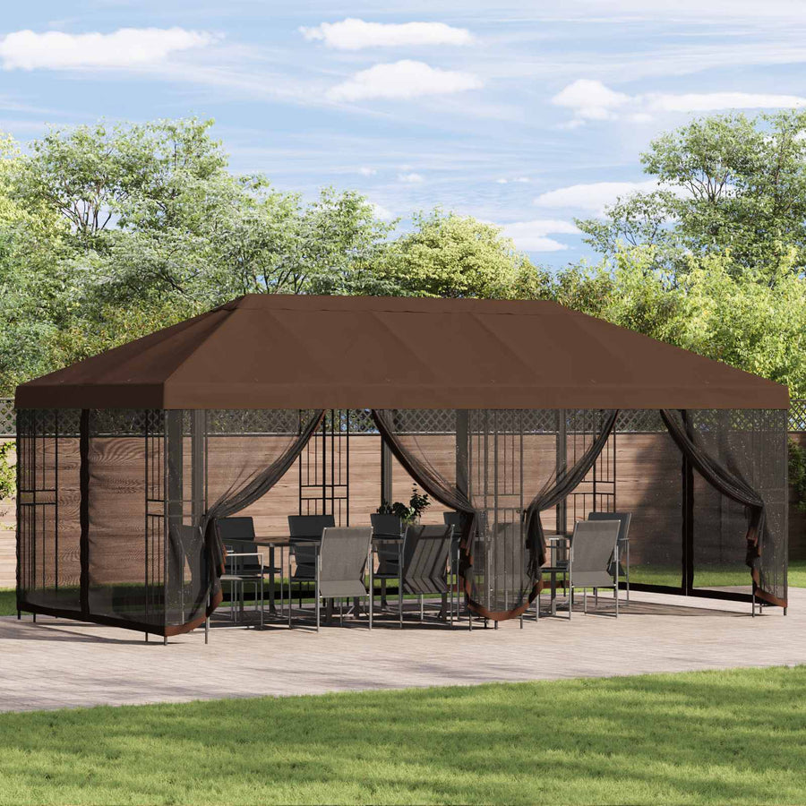 Paviljoen met zijwanden 6 x 3 m Bruin Polyester en staal 190