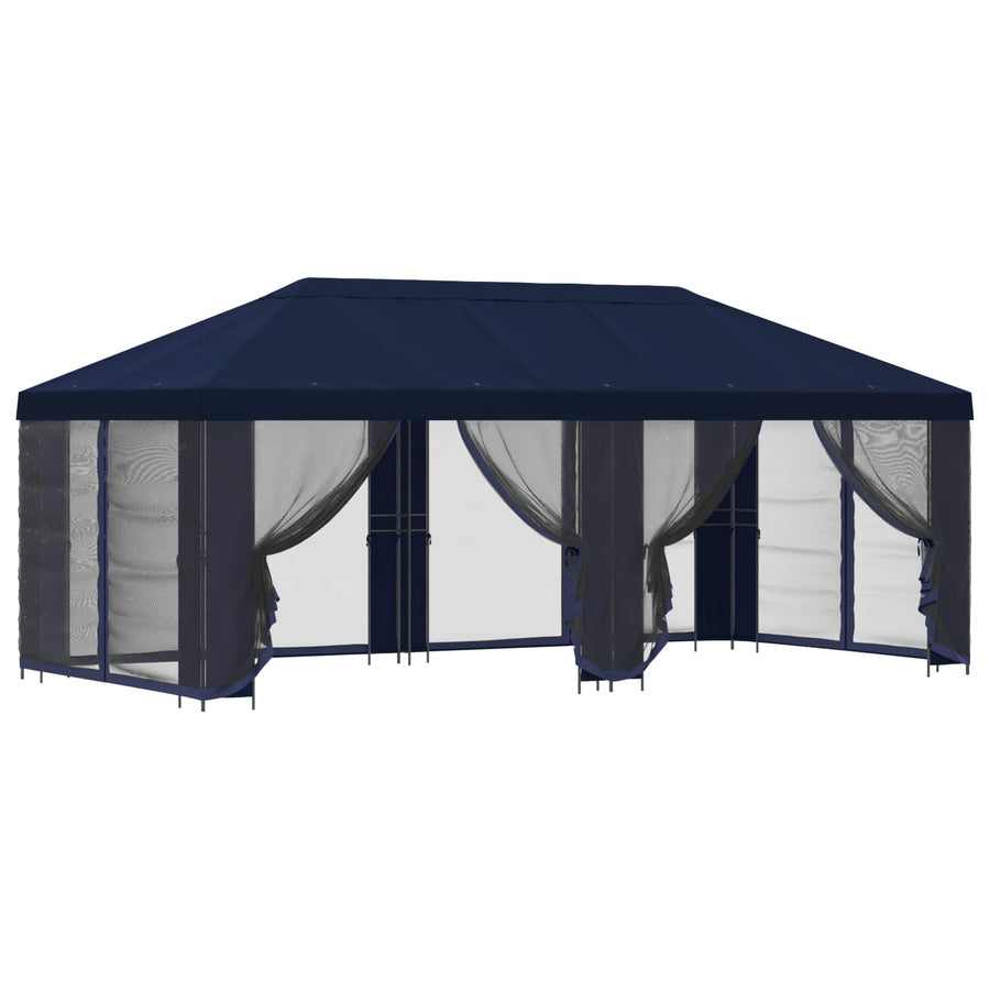 Paviljoen met zijwanden 6 x 3 m Blauw Polyester en staal 190