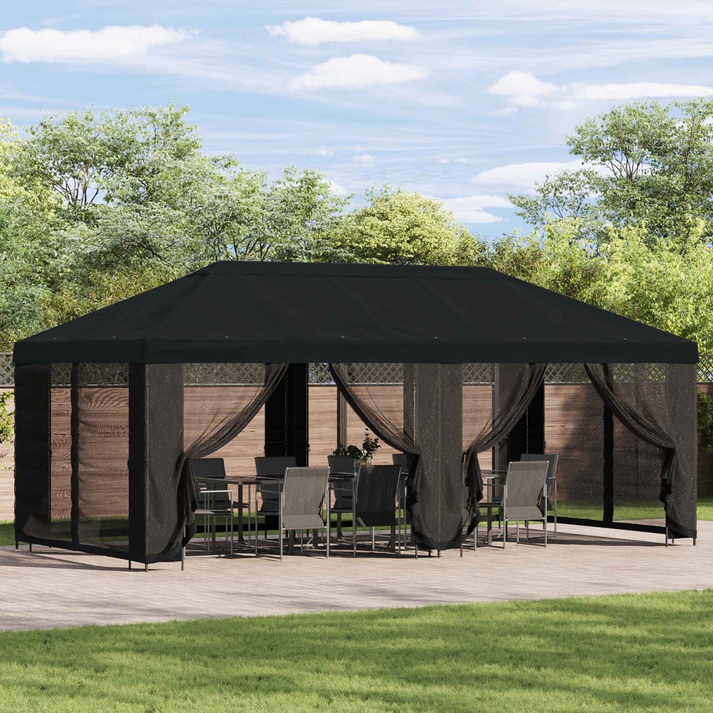 Paviljoen met zijwanden 6 x 3 m Zwart Polyester en staal 190