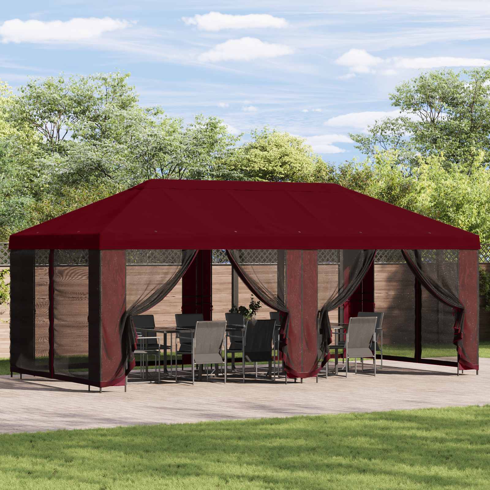 Paviljoen met zijwanden 6 x 3 m Bordeauxrood Polyester en staal