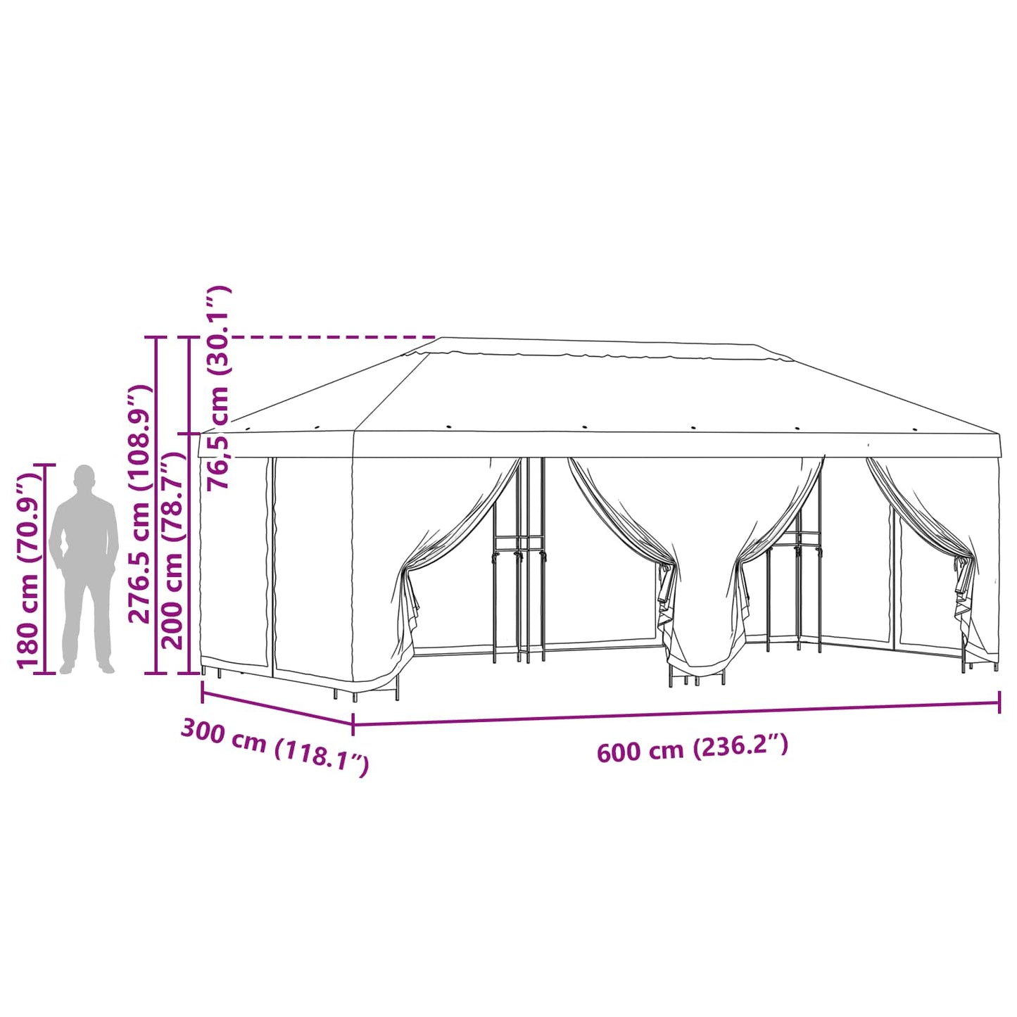 Paviljoen met zijwanden 6 x 3 m Bordeauxrood Polyester en staal