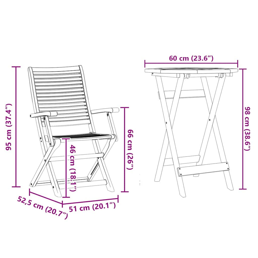 Vouw Bistro Set 3 Pcs Bruin Massief Acaciahout 60 cm tafel diameter