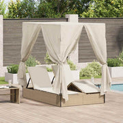 Dubbel zonnebed met dak 205x129x200 cm PE-riet beige