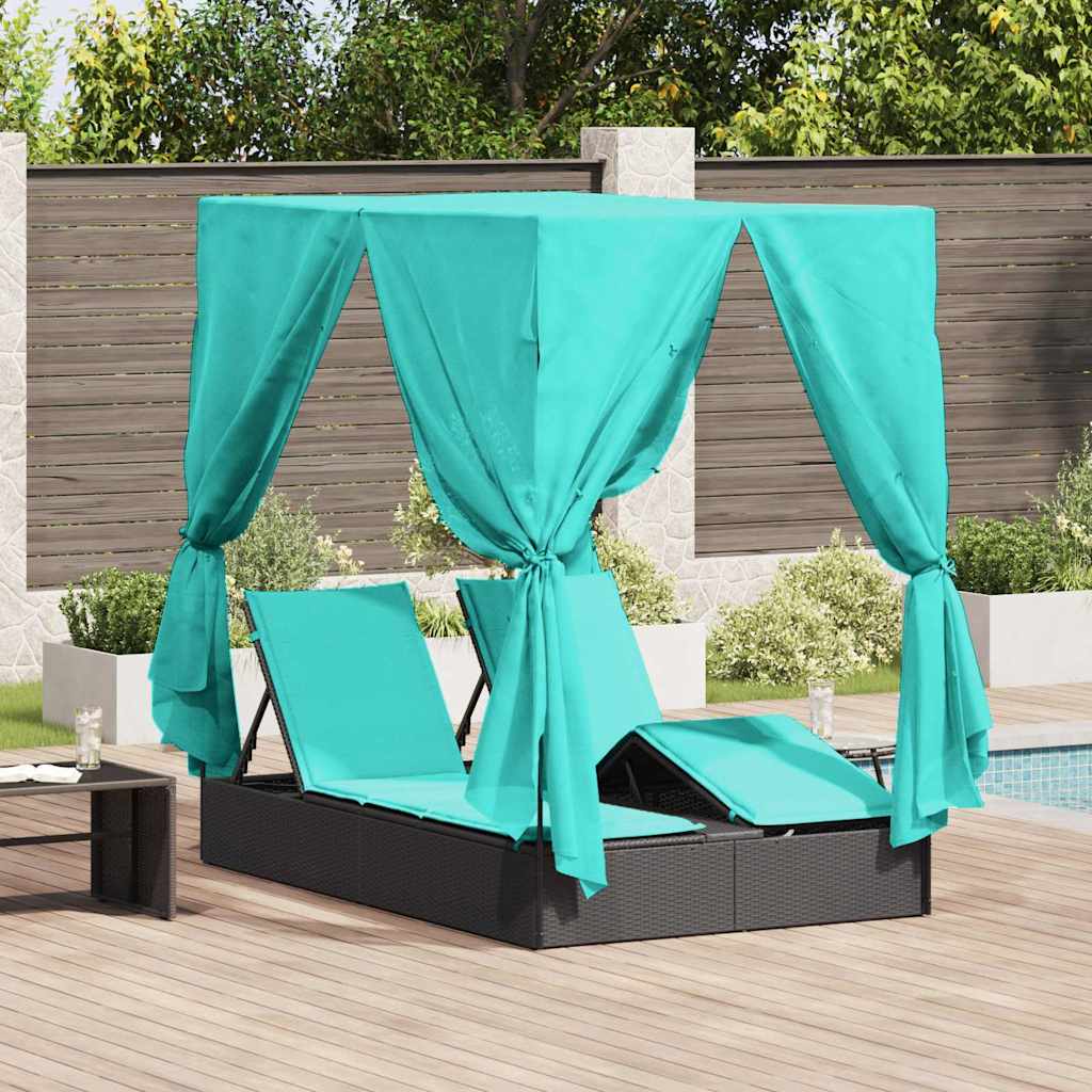 Dubbele Zonnebed Met Dak 205 X 129 X 200 Cm Pe Riet Zwart en turquoise