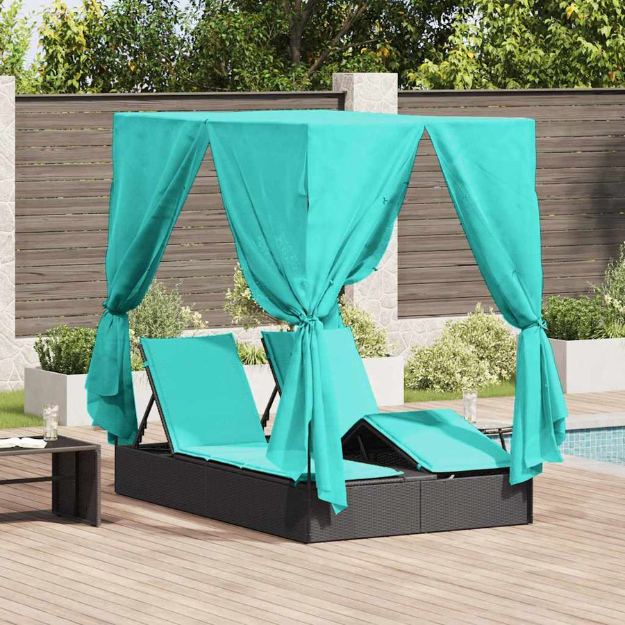 Dubbele Zonnebed Met Dak 205 X 129 X 200 Cm Pe Riet Zwart en turquoise