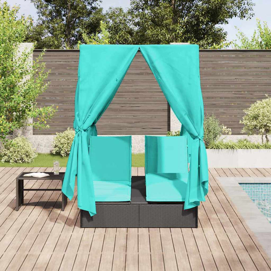 Dubbele Zonnebed Met Dak 205 X 129 X 200 Cm Pe Riet Zwart en turquoise
