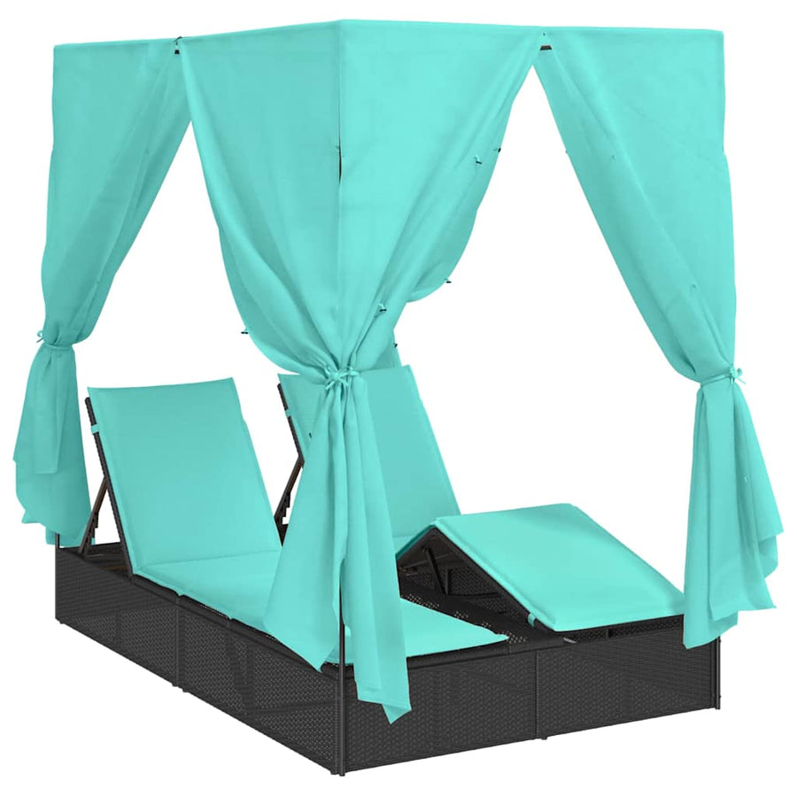 Dubbele Zonnebed Met Dak 205 X 129 X 200 Cm Pe Riet Zwart en turquoise