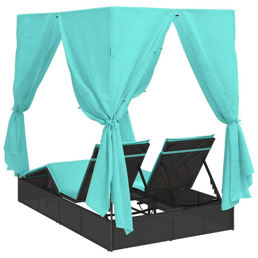 Dubbele Zonnebed Met Dak 205 X 129 X 200 Cm Pe Riet Zwart en turquoise