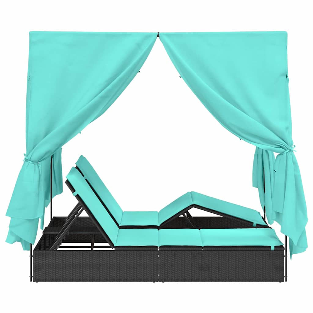 Dubbele Zonnebed Met Dak 205 X 129 X 200 Cm Pe Riet Zwart en turquoise