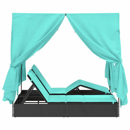 Dubbele Zonnebed Met Dak 205 X 129 X 200 Cm Pe Riet Zwart en turquoise