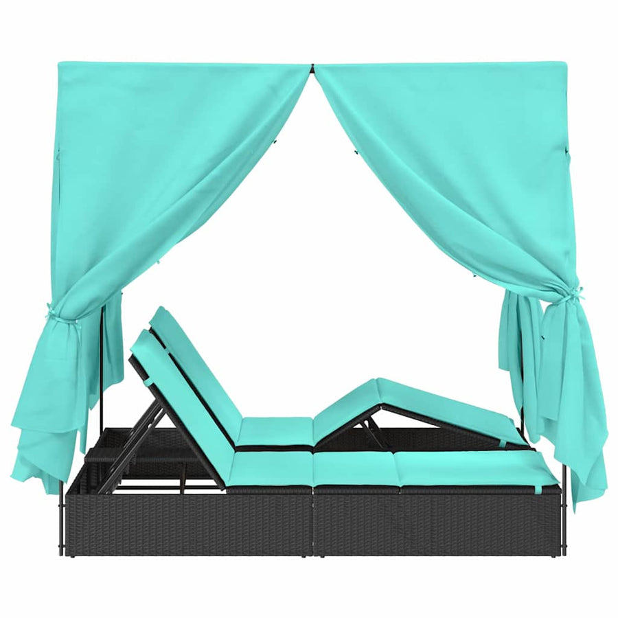Dubbele Zonnebed Met Dak 205 X 129 X 200 Cm Pe Riet Zwart en turquoise