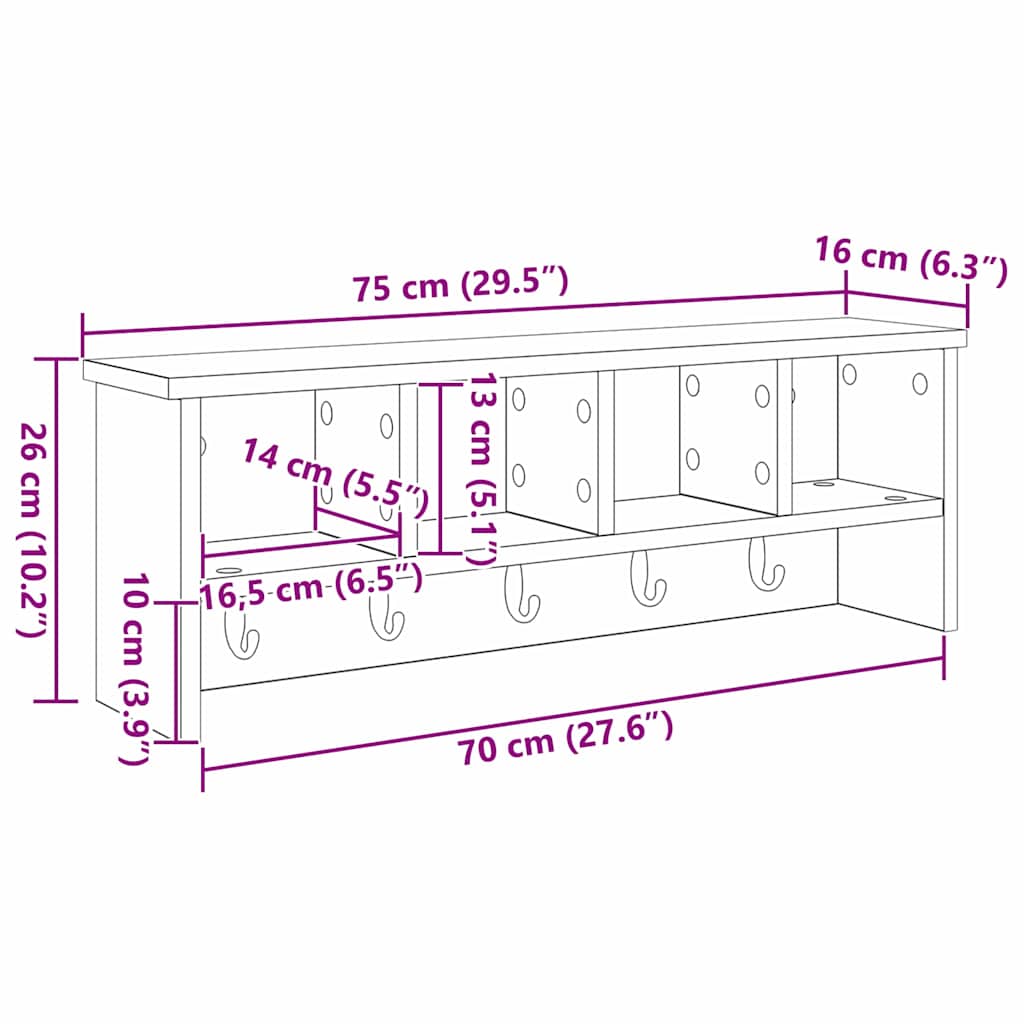 Wandgemonteerde kapstok met plank Zwart eiken 75 x 16 x 26 cm