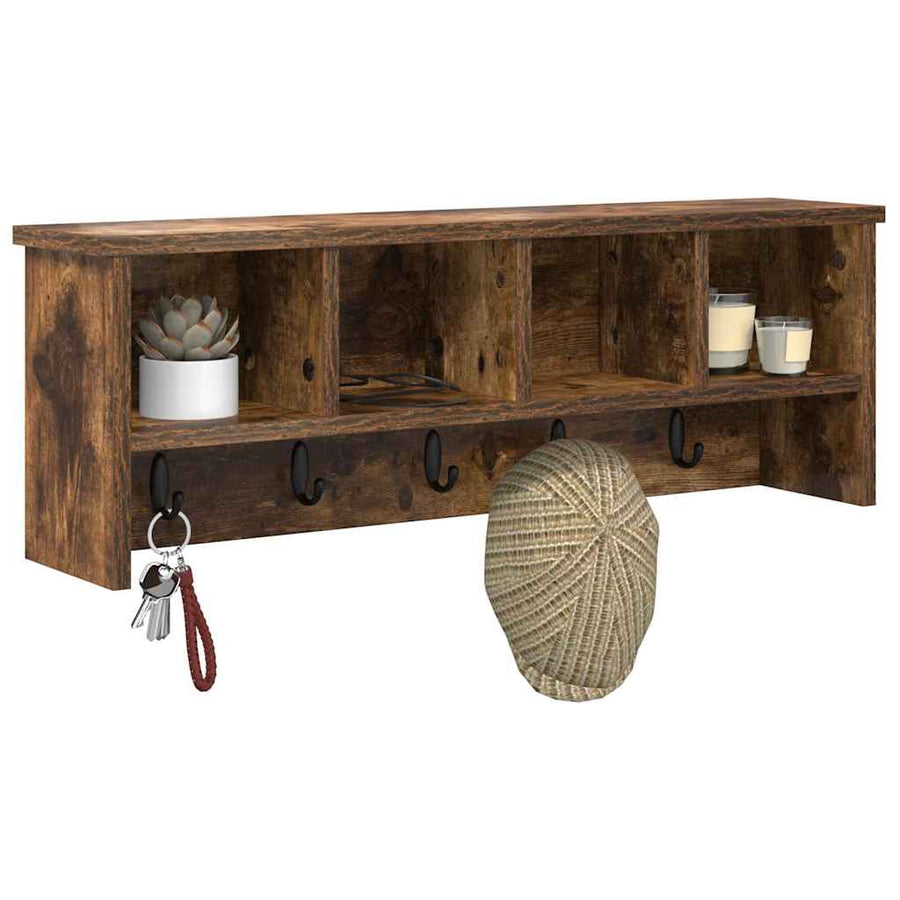 Wandgemonteerde kapstok met plank Gerookt eiken 75 x 16 x 26 cm
