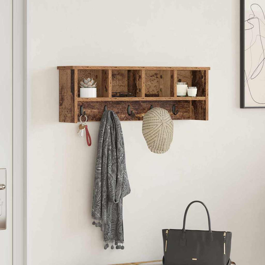 Wandgemonteerde Kapstok Oud Hout 75 X 16 X 26 Cm Bewerkt Hout
