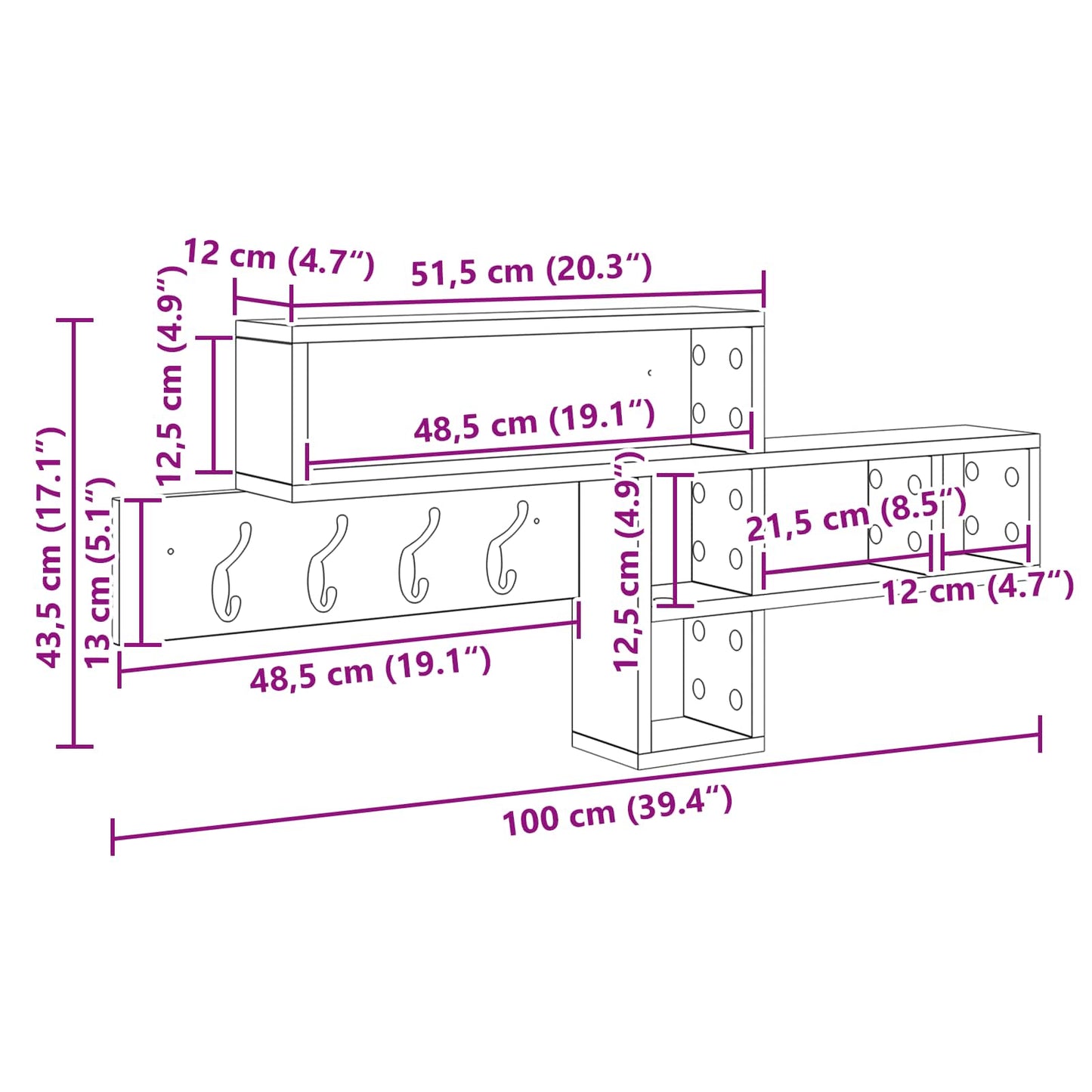 Wandgemonteerde Kapstok 100 X 12 X 43,5 Cm Gerookt eiken