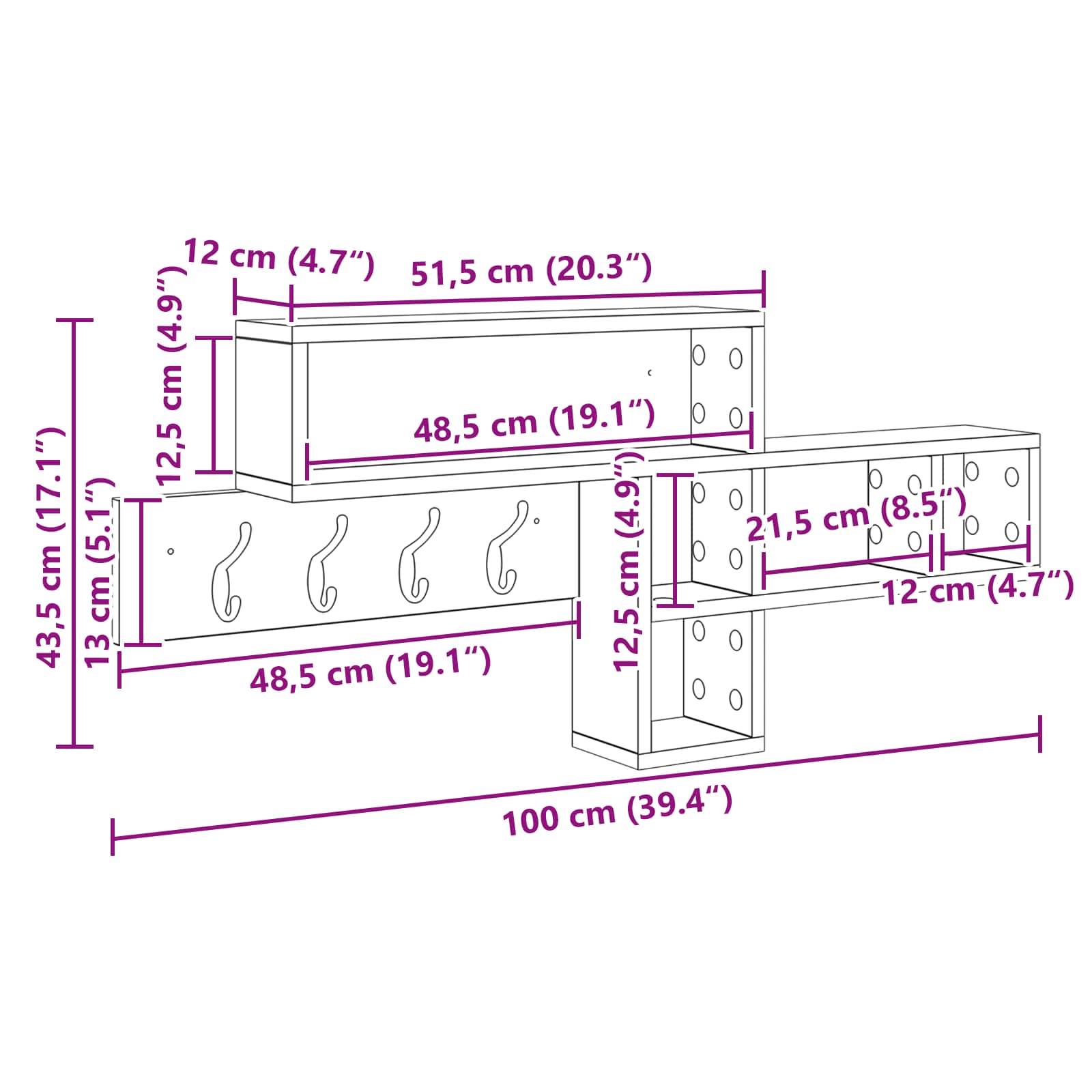 Wandgemonteerde Kapstok 100 X 12 X 43,5 Cm Gerookt eiken