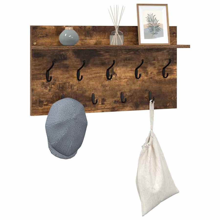 Wandgemonteerde kapstok met plank Gerookt eiken 80 x 40 x 12 cm