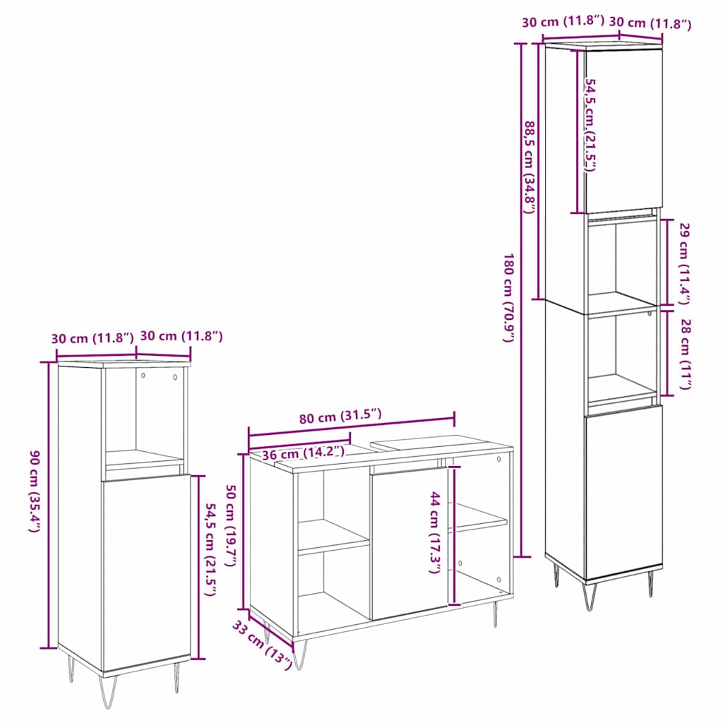 3-delige Badkamermeubelset Artisan Eiken Gefabriceerd Hout