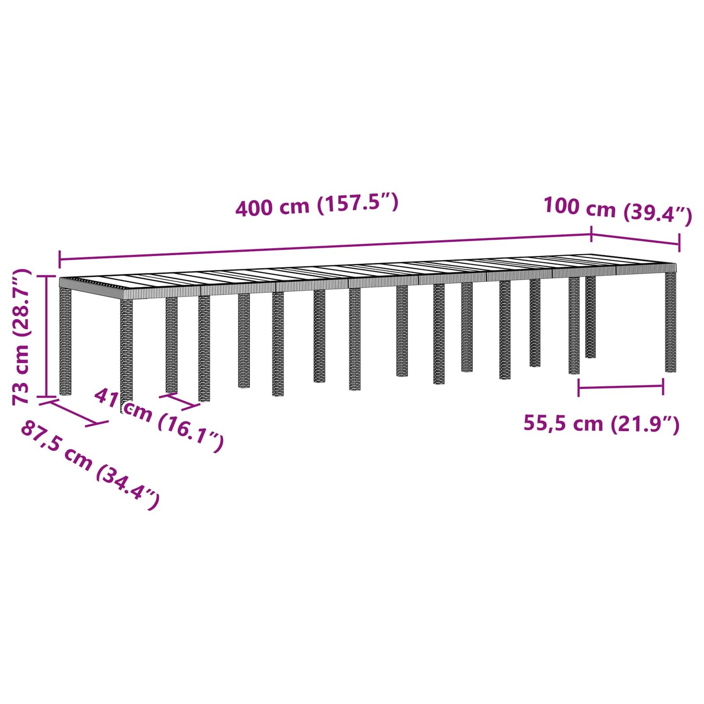 Tuinstafel Antraciet 400 x 100 x 73 cm poly rattan