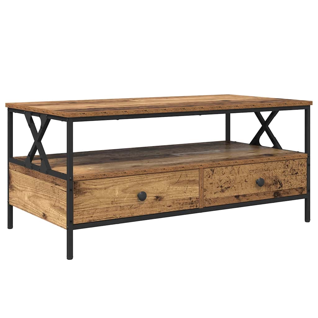 Salontafel met lade met plank met opslag Oud hout 100 x 51 x 45 cm Bewerkt hout