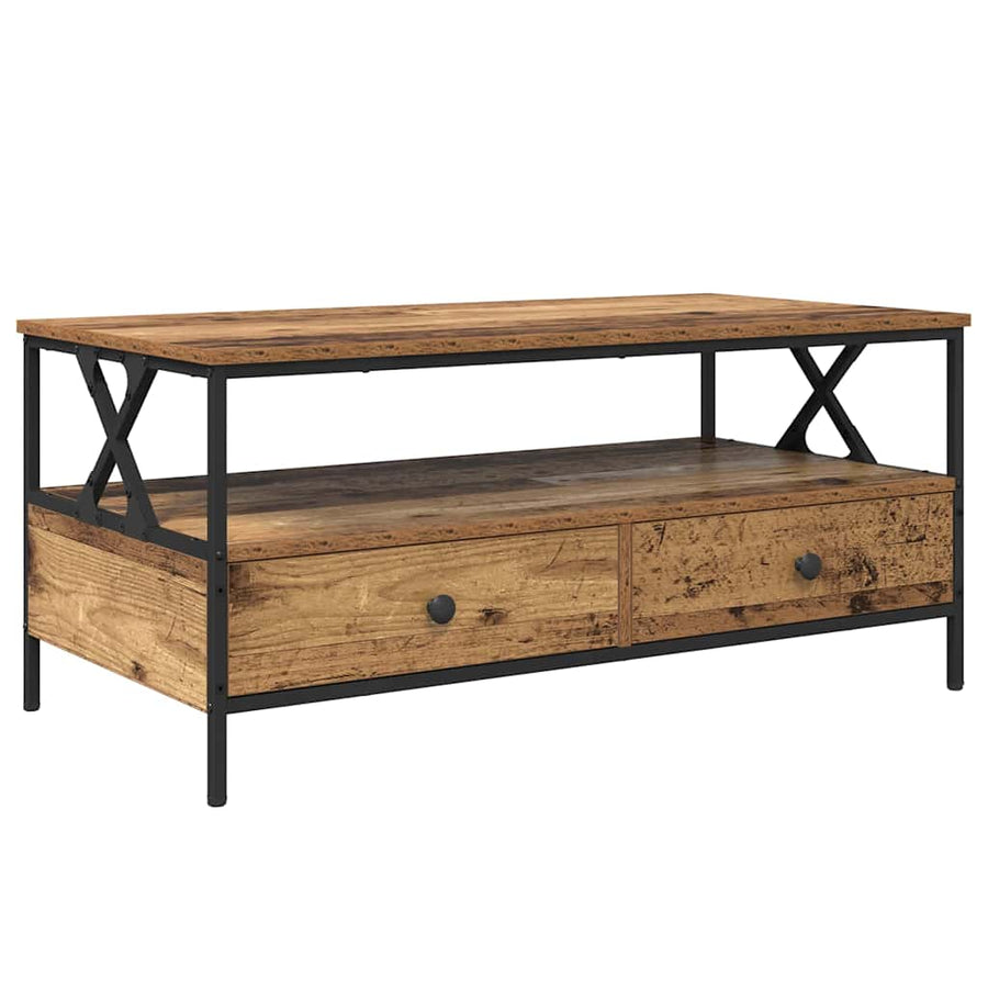 Salontafel met lade met plank met opslag Oud hout 100 x 51 x 45 cm Bewerkt hout