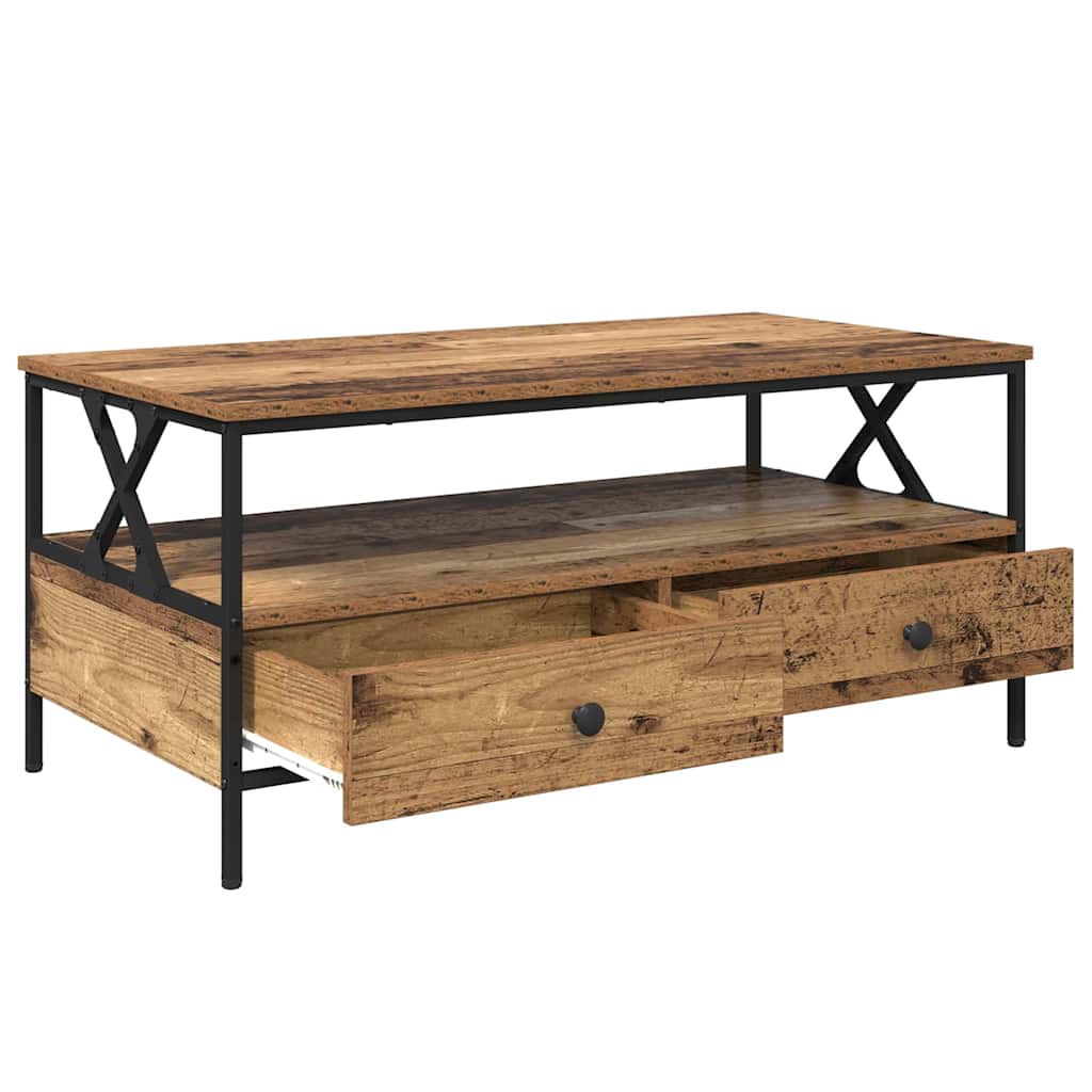 Salontafel met lade met plank met opslag Oud hout 100 x 51 x 45 cm Bewerkt hout