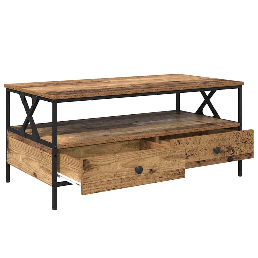 Salontafel met lade met plank met opslag Oud hout 100 x 51 x 45 cm Bewerkt hout